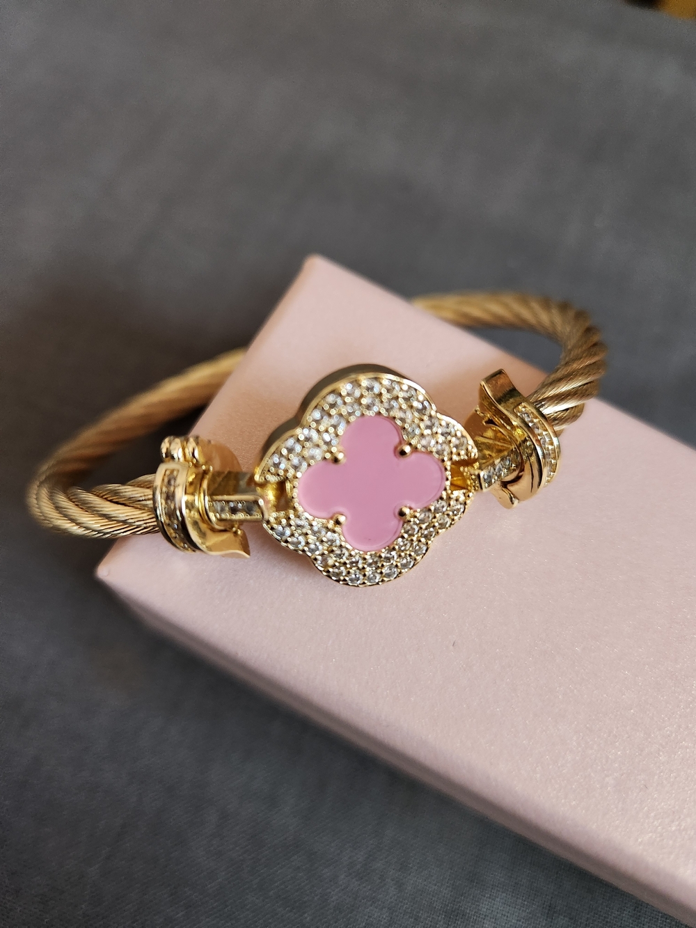 Gold-Tone Pink Clover Cable Bracelet with Crystal Accents